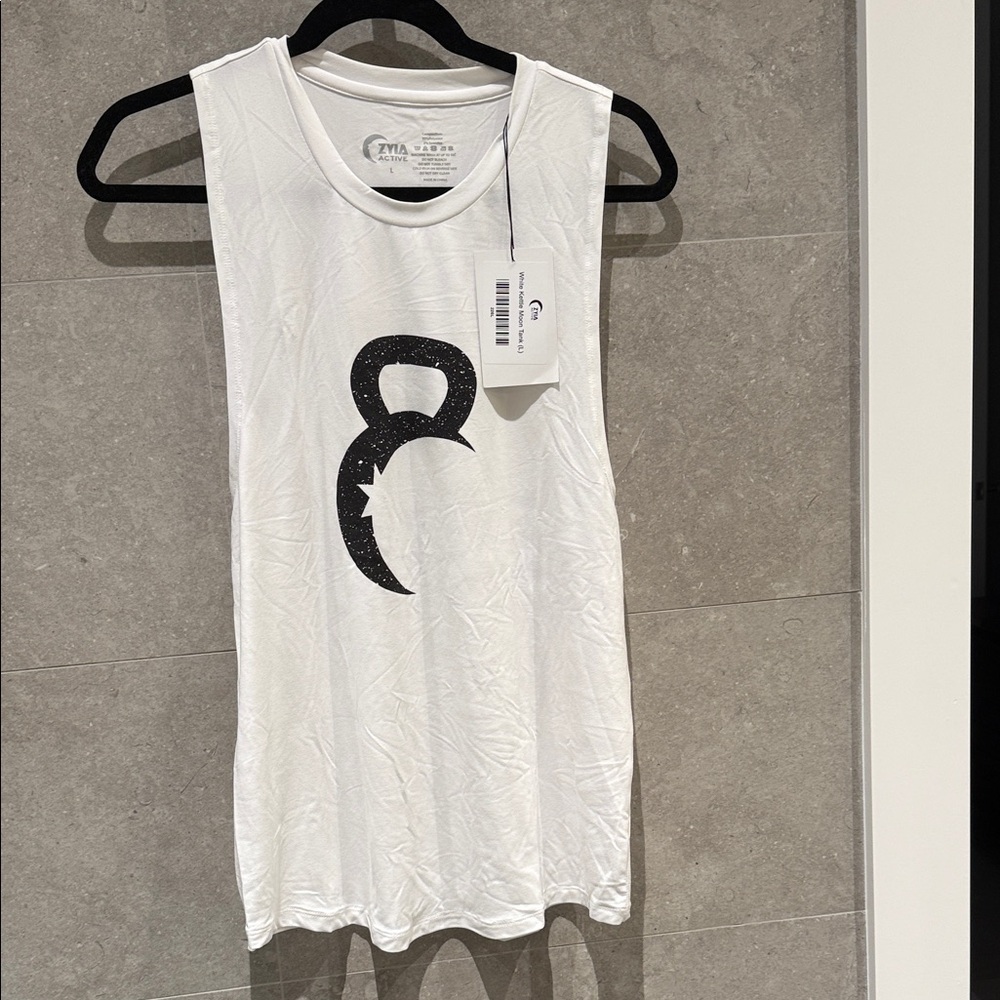 NWT Zyia White Muscle Tee with Black Kettlebell Design